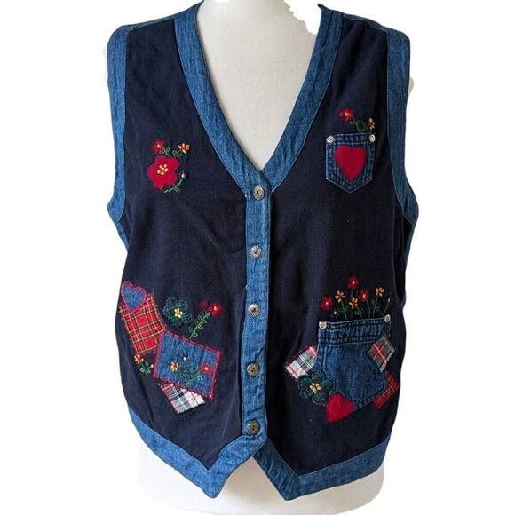 Vintage Victoria Jones Cotton Patch Button Vest Size M Blue Lined Plaid Hearts - Picture 1 of 9